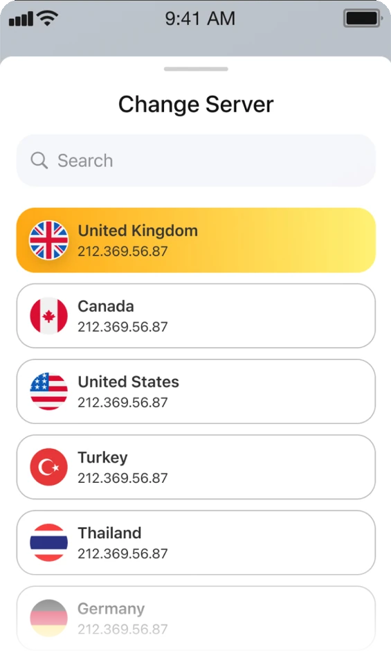 The server list inside CyberGuard VPN, with a search field and locations to connect to.